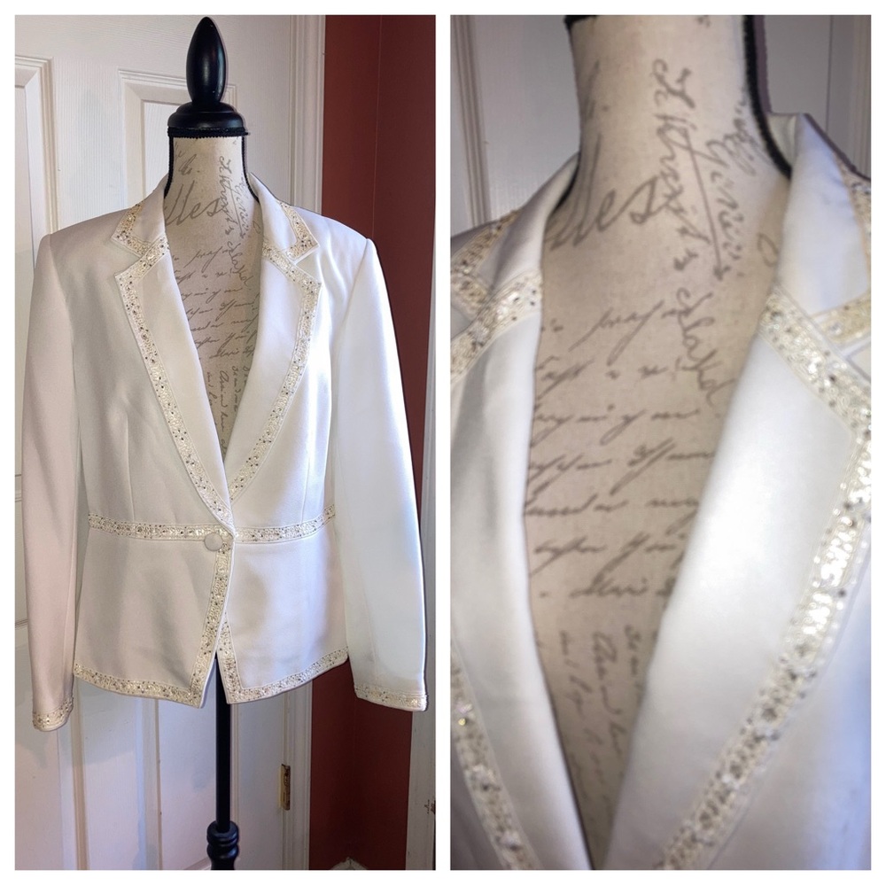 John Meyer of Norwich Ivory Beaded Embroidered Blazer Jacket sz 12